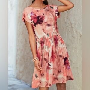 Peruvian Connection Desert Rose Watercolor Floral Short Sleeve Dress Size Medium